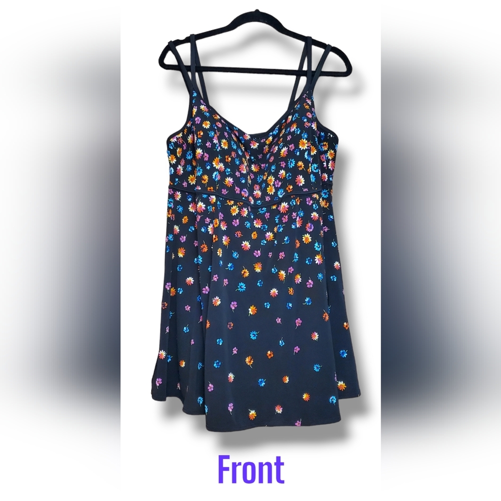 Le Cove Swimdress, Black Multi Color Floral, Split Strap, Sz 24W